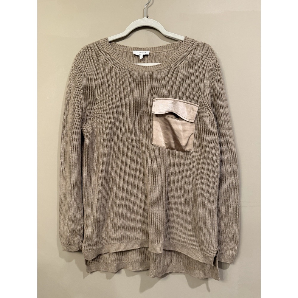 J Society Beige Chunky Knit Satin Pocket Cotton Sweater Large Classic Old Money